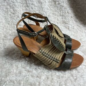 NAYA Tova woven leather moss green straps sandals with wooden chunky heel. SZ10M